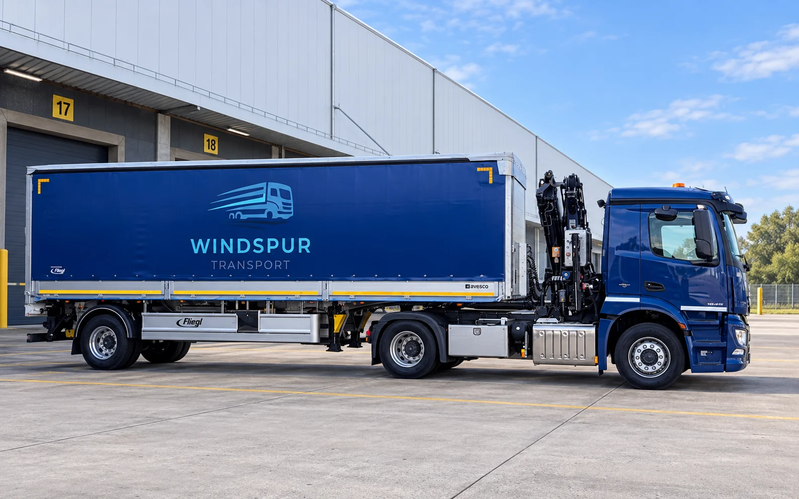 Blauer Windspur Transport LKW mit Ladekran und Windspur-Beschriftung vor einer Lagerhalle